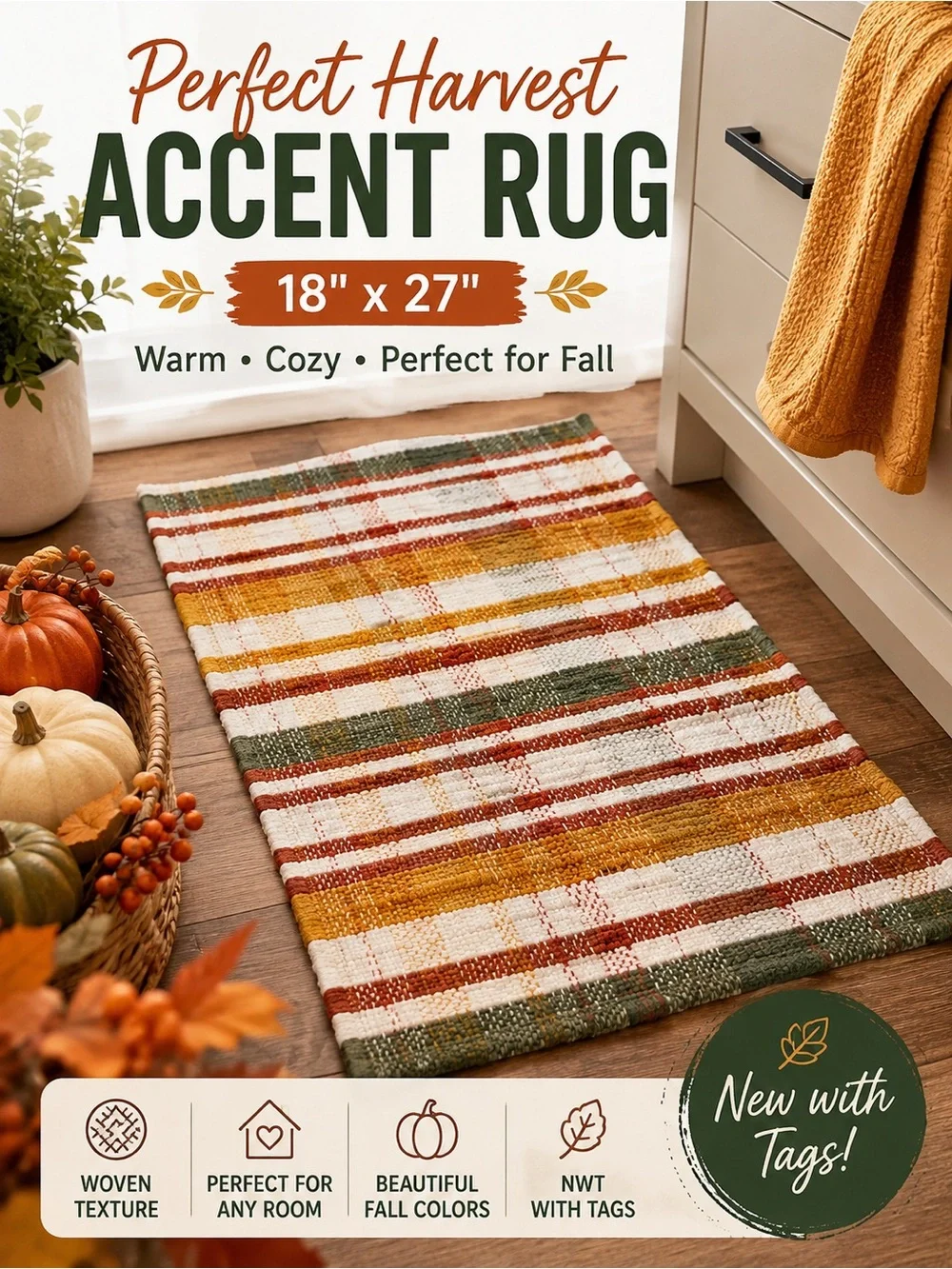 Perfect Harvest Fall Woven Accent Rug 18x27 Autumn Striped NWT